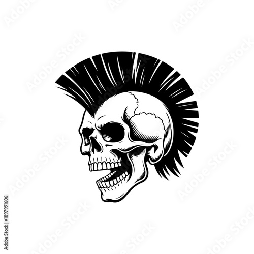 A striking black and white vector illustration of a screaming human skull with a large, detailed mohawk hairstyle. Bold, high-contrast punk rock graphic art.