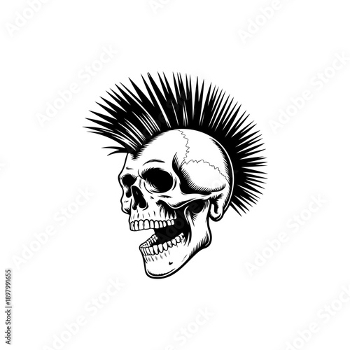 A striking black and white vector illustration of a screaming human skull with a large, detailed mohawk hairstyle. Bold, high-contrast punk rock graphic art.