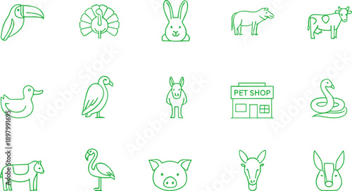 Green animal line icon set, farm wildlife bird reptile symbols, pet shop collection, neon outline modern vector illustration