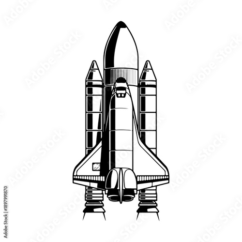 A clean black and white vector illustration of a space shuttle attached to its external tank and solid rocket boosters. High-contrast aerospace graphic on a white background.