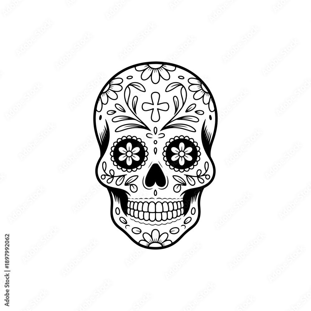 Obraz premium Intricate black and white vector illustration of a Mexican sugar skull decorated with floral patterns, leaves, and a cross. Traditional Day of the Dead graphic art.
