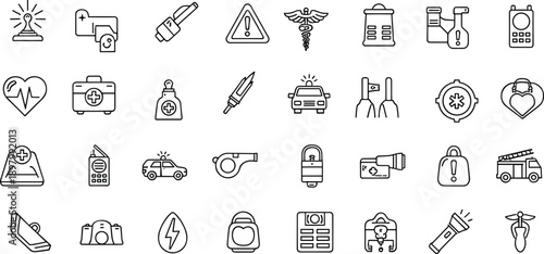 Medical emergency line icons set, healthcare symbols collection, first aid ambulance doctor hospital vector outline illustration pack