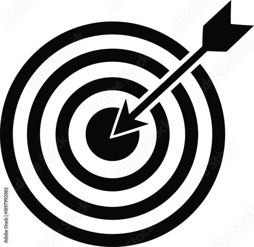 Black and white icon of an arrow hitting the bullseye of a target