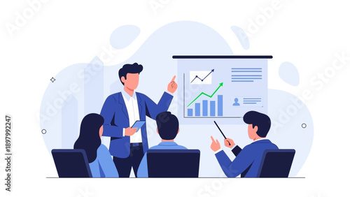 Business meeting presentation with growth chart, team discussion and strategy planning