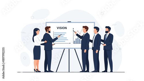 Business Team Discussing Vision and Strategy at Whiteboard Presentation