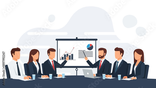 Business Meeting Presentation with Graphs and Charts on Screen