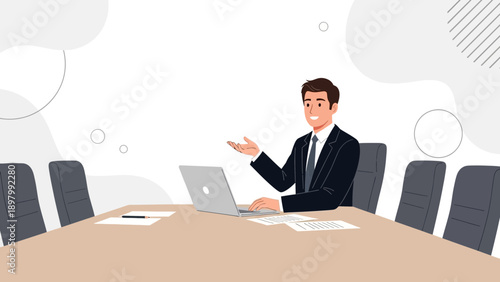 Businessman presenting at boardroom meeting with laptop and papers