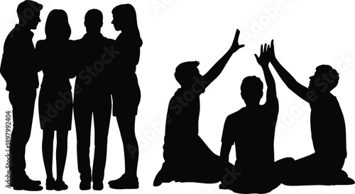 Silhouette of people socializing, standing group, seated celebration, interaction gesture, community bonding, casual gathering, flat vector illustration