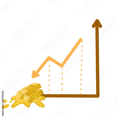 Illustration of melting gold bars with  graph of falling gold prices or drastically falling gold market indicates price instability and potential investment losses. Gold price fluctuations, or market 
