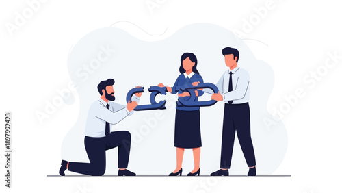 Teamwork and connection: business people assembling a chain link