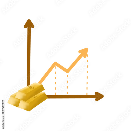 Illustration of a significant increase in gold prices, shown by the yellow arrow graph that climbs the pile of gold bars.