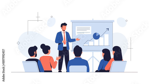 Business meeting presentation with graphs and charts, team listening to speaker