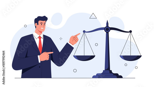 Lawyer points to justice scales, symbolizing legal advice and fair judgment