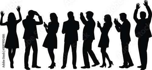 Business people silhouettes using smartphones, applauding, celebrating success, teamwork concept, social media interaction, corporate lifestyle, flat vector illustration
