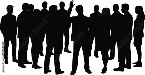 Business people silhouettes group meeting with leader raising hand, corporate discussion teamwork communication concept, professional office scene, flat vector illustration