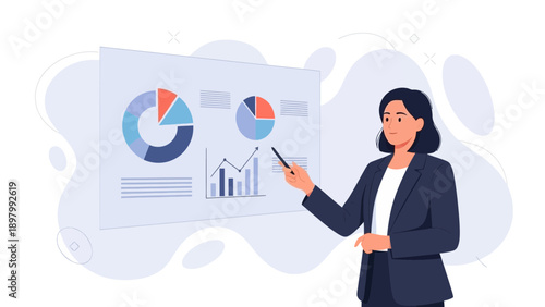 Businesswoman presenting data charts on a screen, financial analysis, strategy meeting
