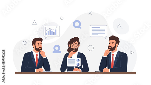 Business Meeting: Three Men Discussing Strategy with Charts and Chat Bubbles