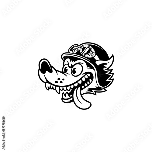 Wallpaper Mural A bold black and white vector illustration of a cartoon wolf wearing a retro motorcycle helmet with goggles. A fierce, high-contrast mascot isolated on a white background. Torontodigital.ca