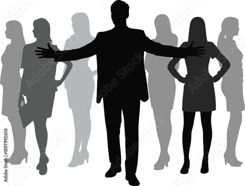 Business leader silhouette standing with open arms leading professional team, corporate leadership authority concept, success management flat vector illustration