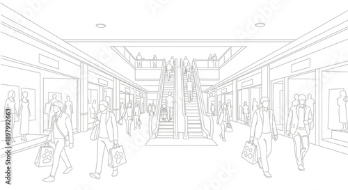 Shoppers walking through a busy indoor shopping mall concourse featuring multiple floors and escalators in a detailed outline style