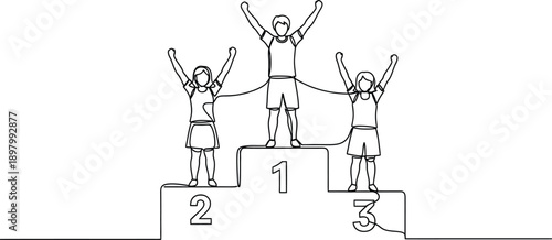 Continuous line drawing depicts three ecstatic athletes standing on a winners podium celebrating first second and third place achievement together in a competition setting