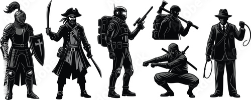 Silhouette illustration of armed women warriors wearing armor and helmets inspired by military and medieval fantasy themes