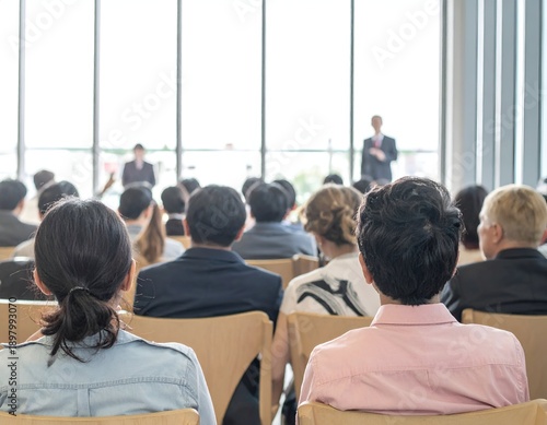 Audience seated in a light-filled auditorium, facing presenters