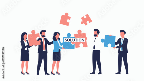 Business Team Assembling Puzzle Pieces With Solution Text