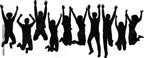 Jumping silhouette group, joyful celebration pose, diverse figures in air, unity and excitement moment, achievement energy scene, flat vector illustration