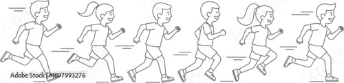 Group of happy young children boys and girls cheerfully running together in a simplified side view black and white outline illustration representing fitness activities.