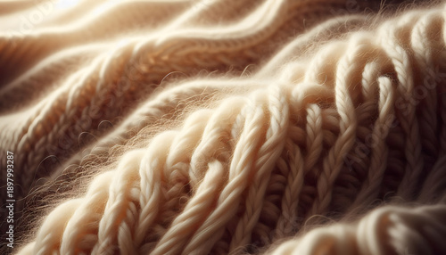 xtreme macro photography of a cream-colored cashmere blanket. Sharp focus on fine, soft, fluffy fibers and individual strands. Soft side natural lighting to accentuate the weave texture. Shallow depth