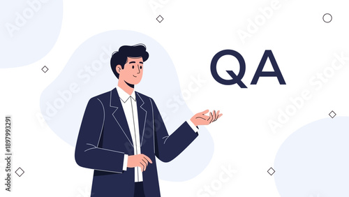 Businessman presenting QA concept with abstract background