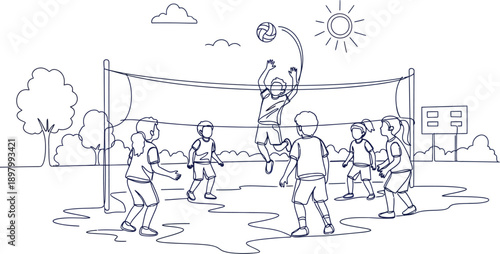 Energetic line art sketch captures a group of diverse children playing an exciting game of outdoor volleyball under the bright summer sun
