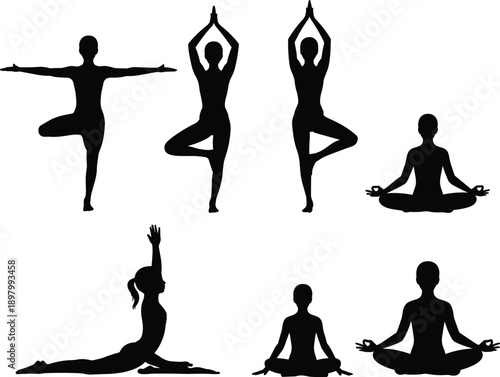 Yoga pose silhouettes flat vector illustration, meditation balance positions, mindfulness exercise, fitness wellness concept, spiritual harmony design