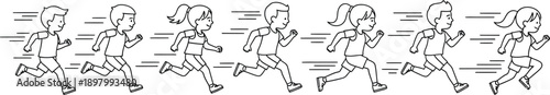 Group of seven happy children boys and girls illustrating a lively foot race or running competition in a simple black and white line art style
