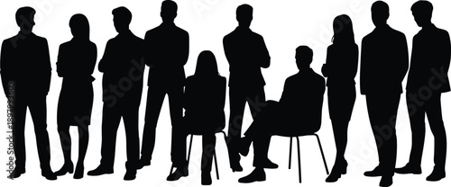 Business team silhouettes standing and sitting together, professional corporate people group, teamwork meeting concept, anonymous office scene, flat vector illustration