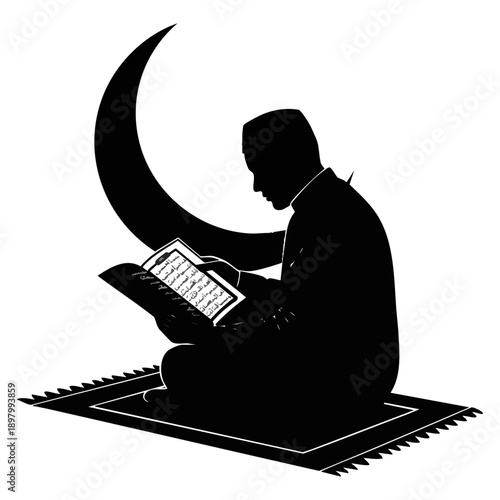 Man reading quran under crescent moon silhouette isolated on transparent background, Vector