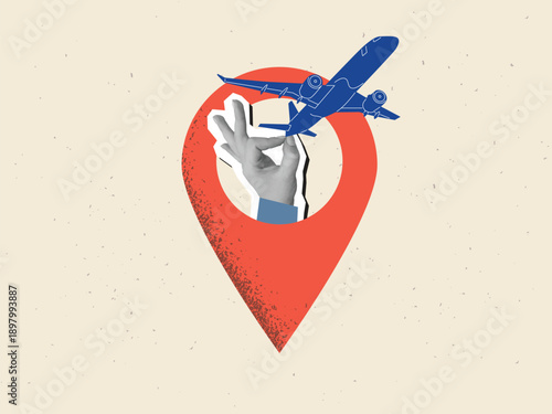 A hand launches a plane from a red location pin. Modern collage style. Vector illustration