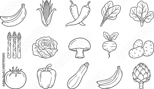 Vegetable and fruit line icons collection, banana corn chili spinach tomato mushroom, minimal vector outline illustration set for design