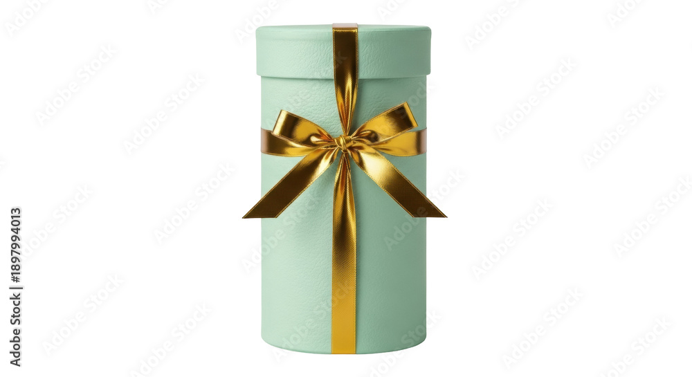 Fototapeta premium Mint green round gift box with golden ribbon isolated PNG, elegant present for birthdays and special occasions on transparent background