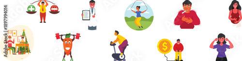 Collection of people doing various activities in daily life isolated on transparent background, Vector