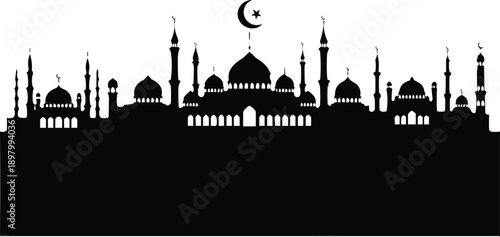 Silhouette of mosque with crescent moon and star isolated on transparent background, Vector