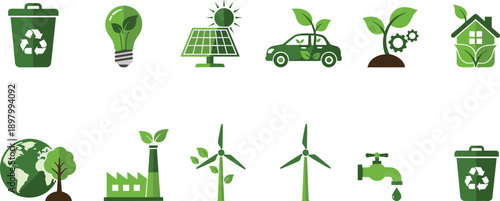 Eco friendly sustainability icons set with recycling, renewable energy, solar panels, wind turbines, green technology, electric car, and environmental conservation concepts