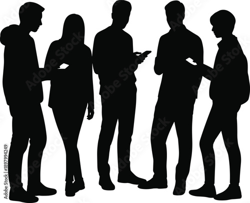 Silhouette group of people using smartphones, digital addiction, mobile behavior, modern lifestyle, technology impact, social interaction, flat vector illustration