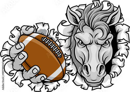 Horse mustang bronco stallion American football angry sports team mascot holding a ball.