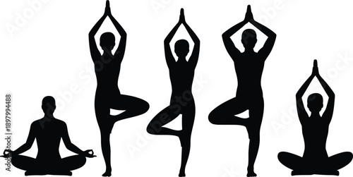 Yoga meditation silhouettes showing tree pose and lotus posture, balance mindfulness wellness practice, calm spiritual fitness, black flat vector illustration