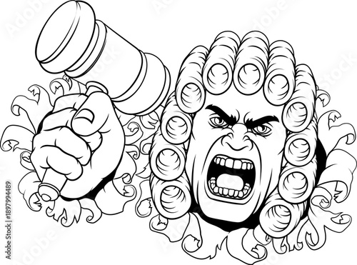 An angry judge cartoon character holding a wooden hammer gavel