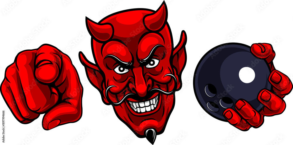 Fototapeta premium A devil man holding bowling ball and pointing sports team mascot illustration.