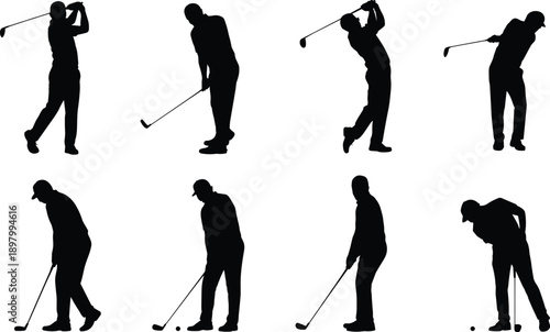 Golf player silhouettes collection showing professional golfers swinging, putting, and practicing isolated on white background for sports design and training concepts