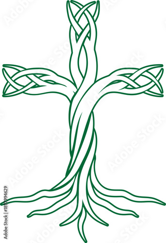 Illustration of a tree forming a Christian cross icon symbol. Represents Christian religious faith growth with strong roots.